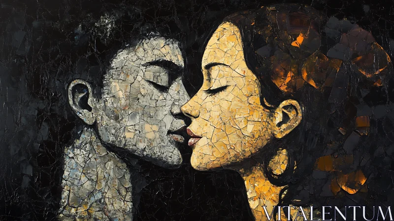 Two Figures in Profile with Crackled Surface Texture.