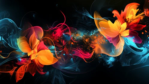 Luminous floral energy blooms swirling in cosmic darkness.