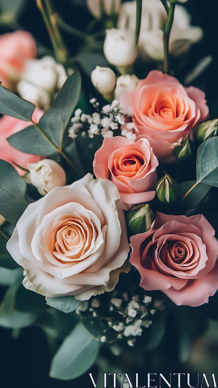Coral and Cream Roses with Eucalyptus in Floral Arrangement