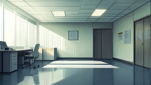 Minimalist corporate office corridor with soft morning light