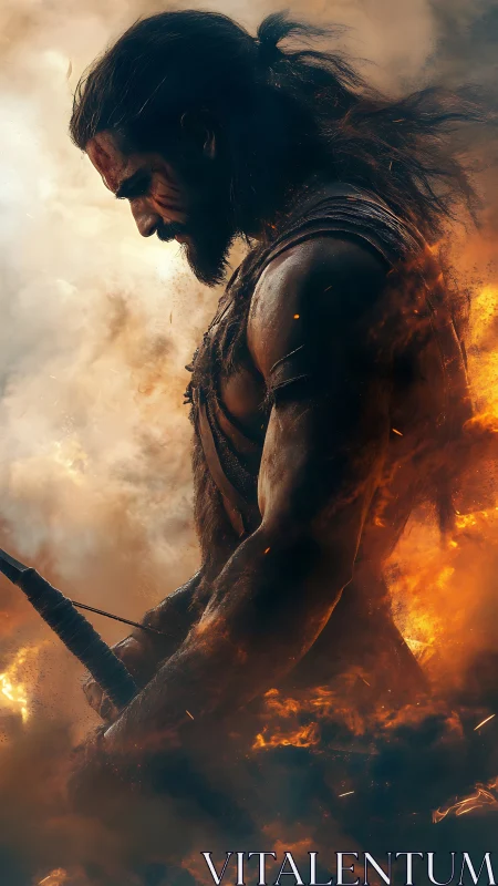 Warrior silhouette emerges from swirling fire and smoke.