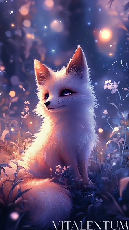 White fox with glowing fur in dreamy night meadow.