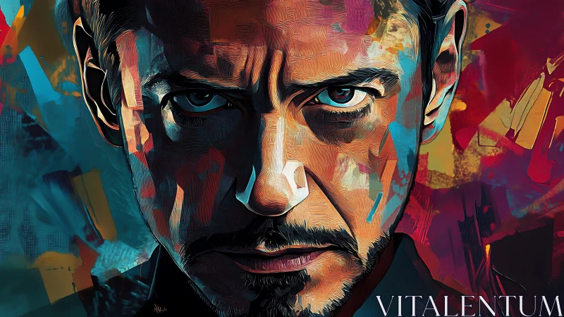 Digital painting portrait with angular chromatic abstractions.