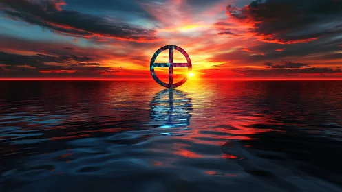 Chromatic circular symbol hovering over cinematic ocean sunset.