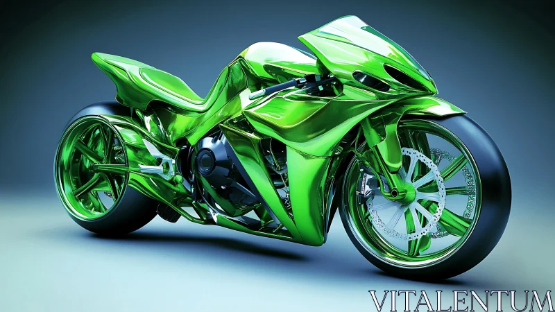 Green futuristic sport motorcycle with reflective fairings.