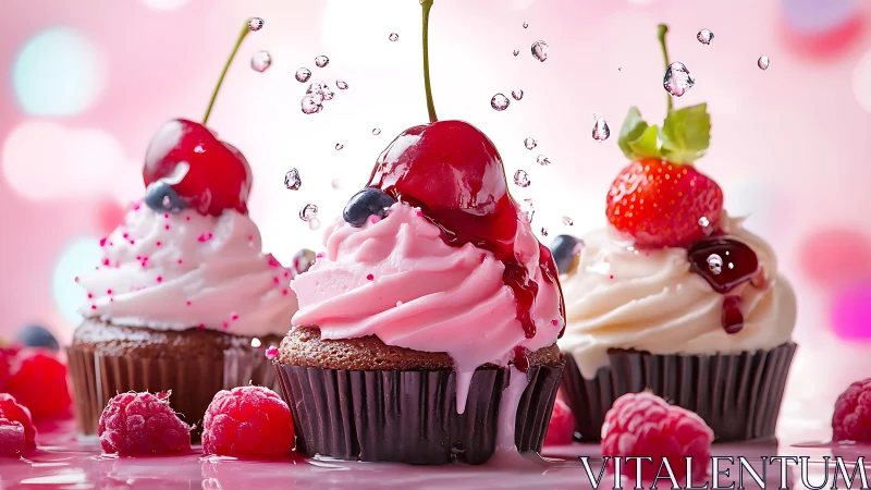 Three Delightful Cupcakes Topped with Fresh Cherries and Berries