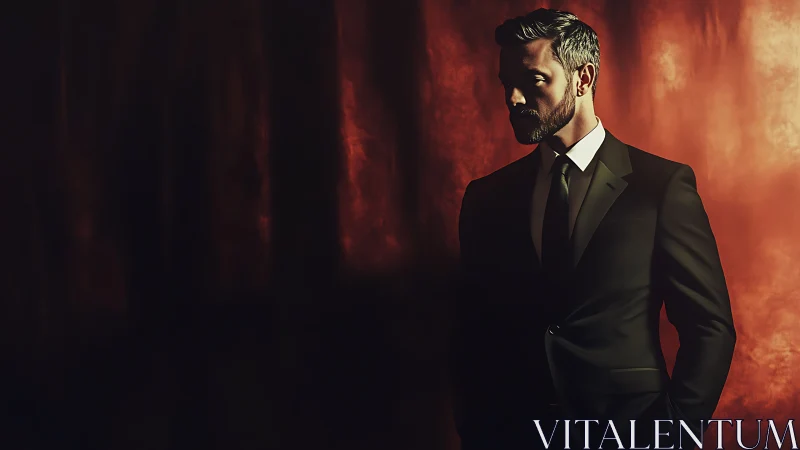 Man in formal suit stands against diffuse red backdrop