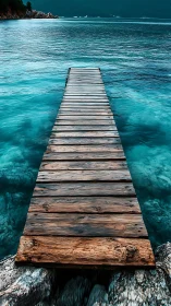 Weathered wooden pier leading into vivid turquoise sea.