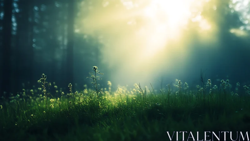 Backlit forest clearing with dew-lit grass in morning haze