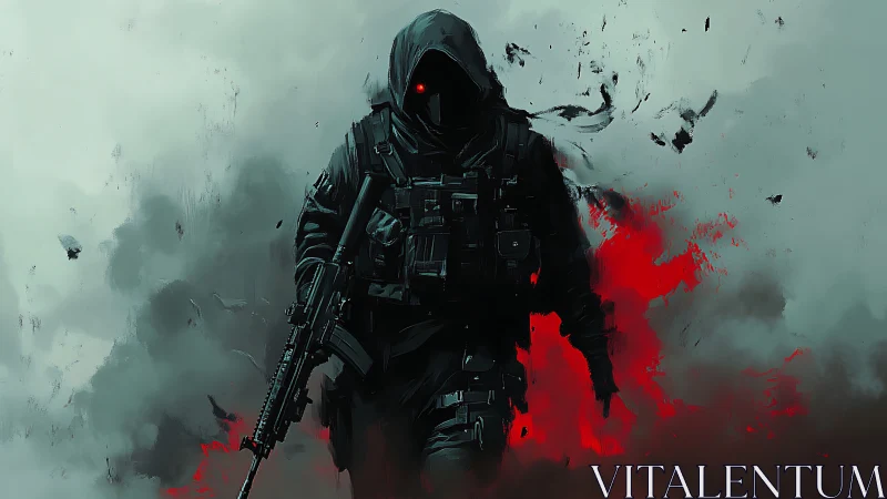 Hooded cyber soldier emerging through crimson smoke storm.