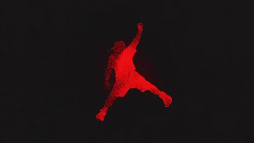 Silhouette of leaping figure rendered in red particles.