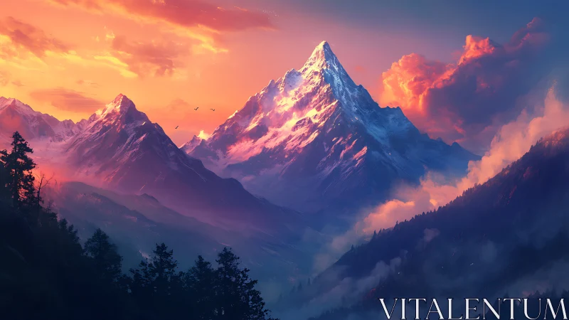 Sunlit alpine peak glows above misty twilight valleys.