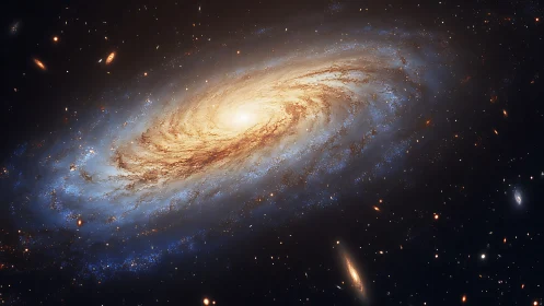 Golden spiral galaxy drifting through a quiet star sea.
