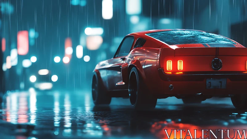 Red sports car is parked on wet city street at night