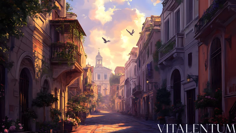 Sunlit European street with distant church tower at dusk.