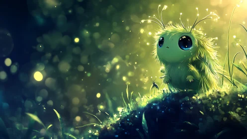 Tiny starlit fuzz-creature pauses to listen to glowing grass