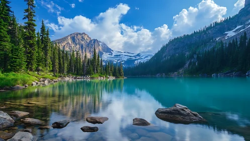 Glacial mirror lake cradled by evergreen peaks and summer sky.
