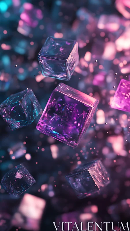 Neon glass cubes drifting through vibrant bokeh field.