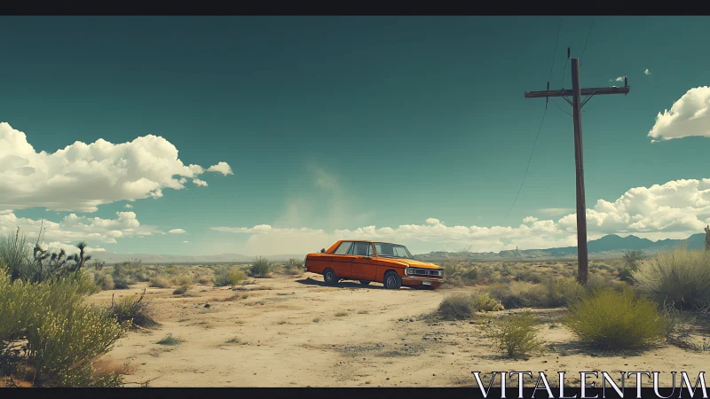Orange classic car waits under vast desert sky in silence