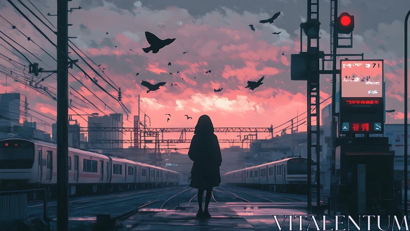 Soft dusk gathers around a lone traveler on quiet rails