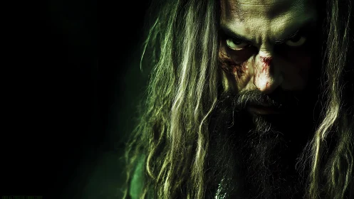 Long haired man with wounded nose stares intensely at camera