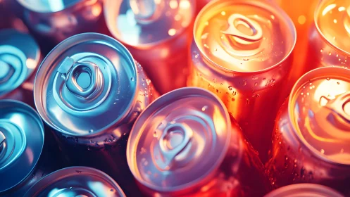 Close-up of Colorful Soda Cans with Condensation in Vibrant Light.