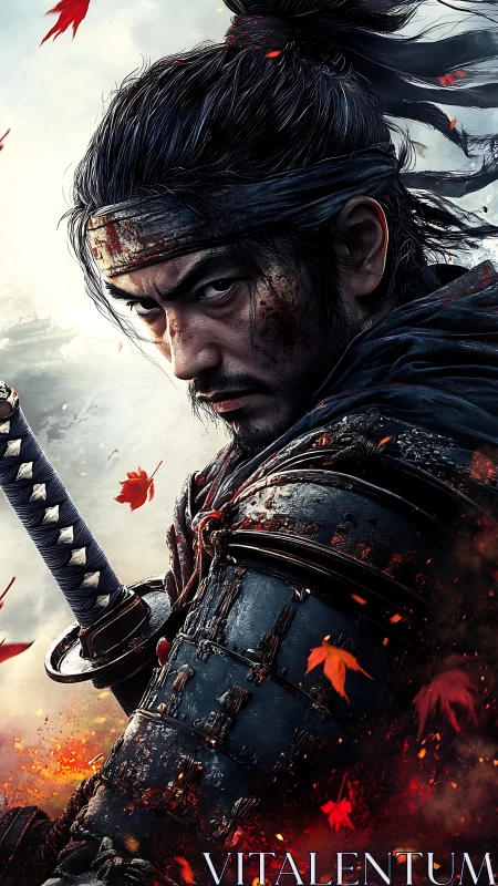 Battle-worn samurai portrait with katana, embers, and maple leaves.