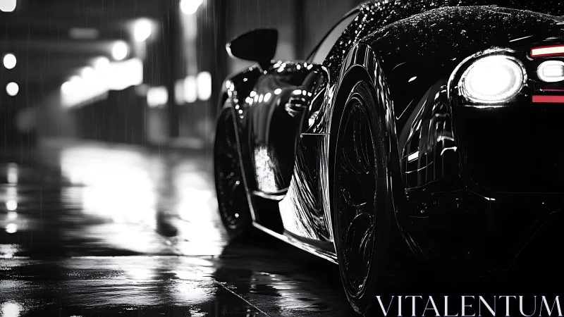 Rain-slick midnight supercar glows in monochrome neon storm.