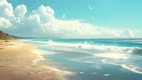 Sunlit digital seascape with rolling waves and dunes.