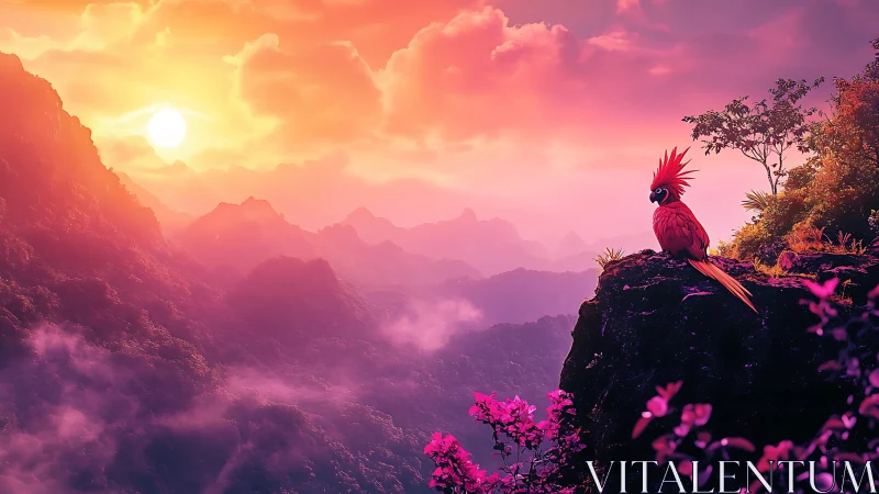 High saturation sunset over misty valley with stylized red parrot