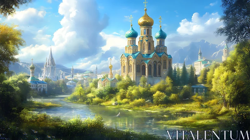 Domed riverside cathedral complex stands amid dense greenery