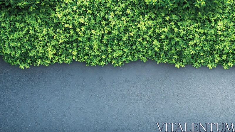 Bright green garden hedge gently resting on soft gray wall.