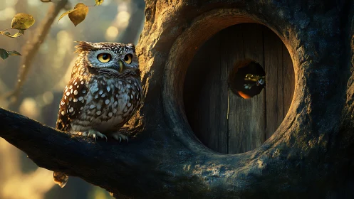 Spotted Owl Perched on Tree at Dusk in Magical Forest Scene.