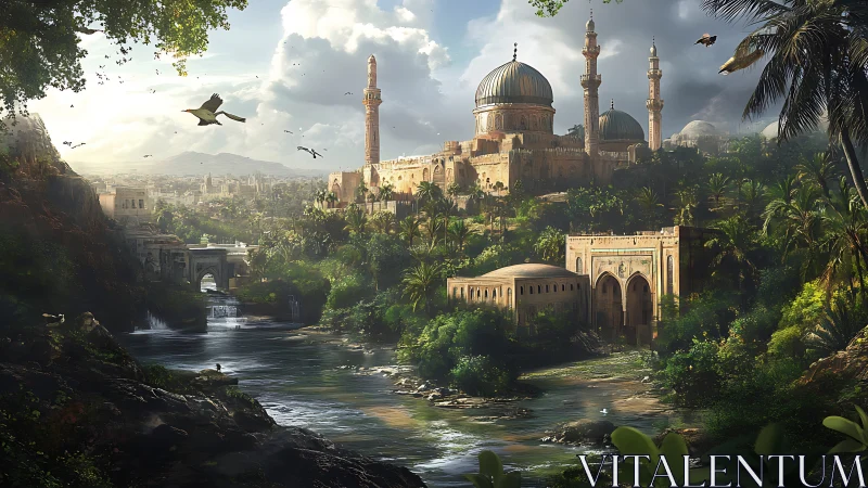 Golden riverside city glows beside domes, towers, and palms