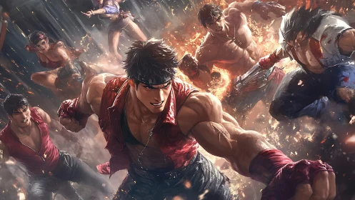 Martial artist squad charges forward through sparks and debris