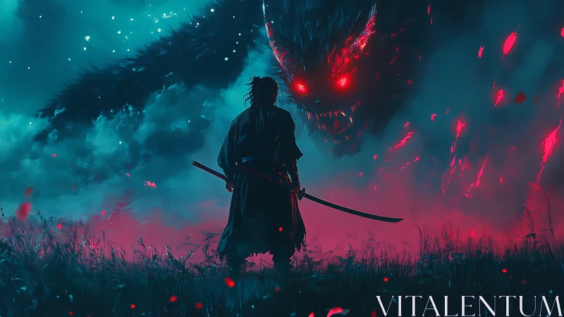 Samurai silhouette confronts massive glowing demon head