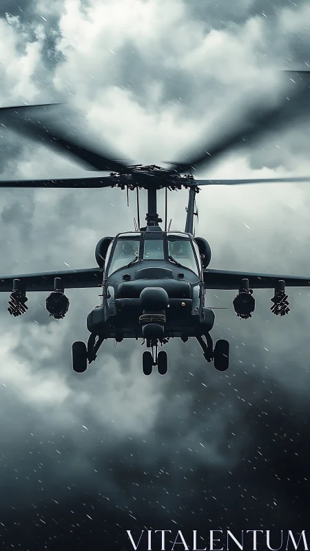 Attack helicopter storms through dark raincloud sky.