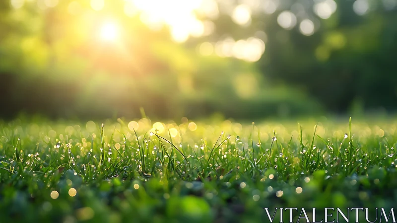 Close-up of wet grass blades under soft morning sunlight.