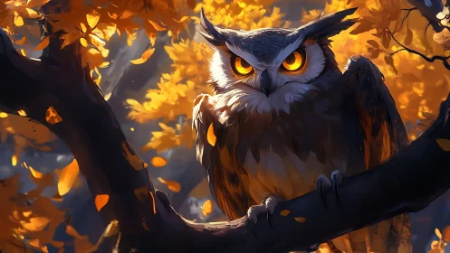 Majestic Owl on Autumn Branch in Dramatic Digital Painting Style.