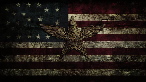 Winged star emblem scars a weathered American flag.