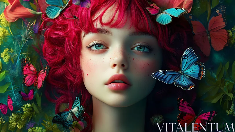 Dreamy red-haired muse resting among bright butterflies.