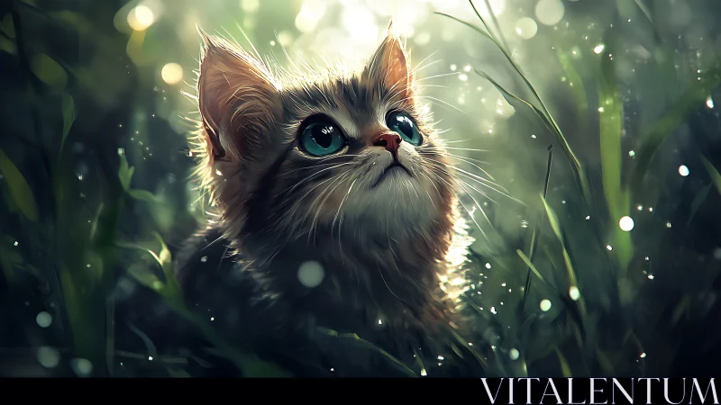Luminous Kitten Gazing Through Enchanted Meadow