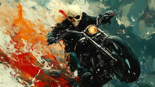 Fiery skull rider charges forward on a blazing motorcycle