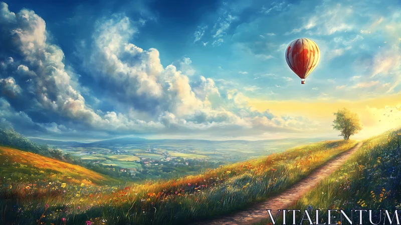 Sunlit balloon drifting above wildflower valley dreams.
