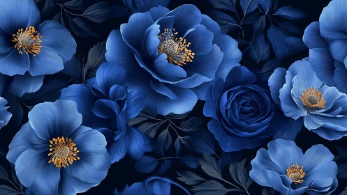 Blue Blooms with Golden Hearts Flourish in Artistic Harmony
