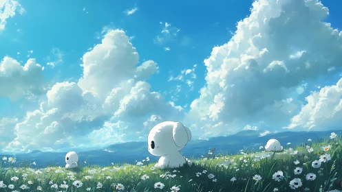 Tiny cloudwalkers daydream beneath a vast cotton sky