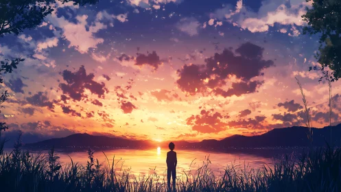 Silhouetted figure observing multicolored sunset shoreline.