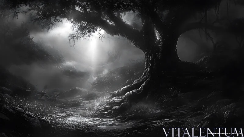 Soft moonlit path winds beneath an ancient shadowed tree