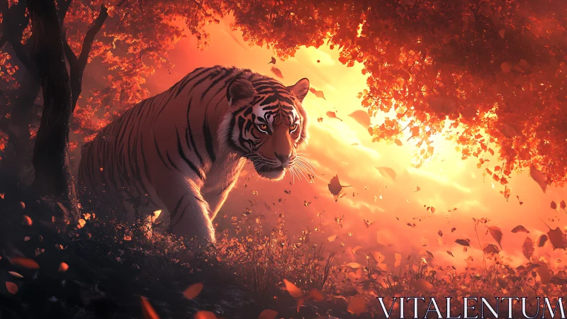 Tiger walking through glowing autumn forest at dusk.