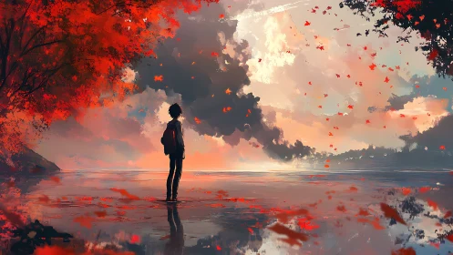 Solitary figure beside calm lake under vivid red sky.